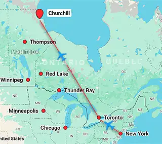Map showing charter flight routes from New York to Churchill Manitoba